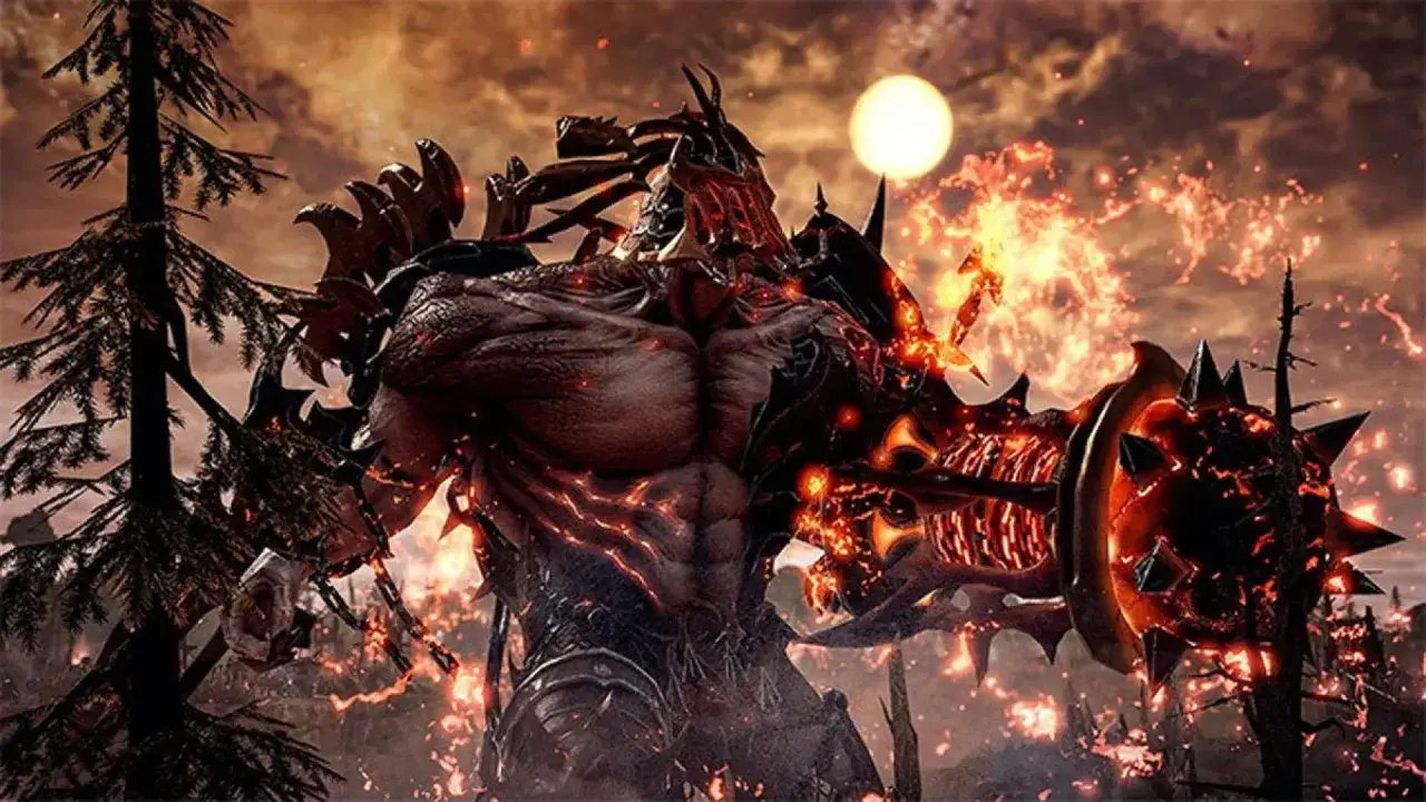 Un demonio de fuego con armadura oscura y un sol naranja en el cielo. ¡Perfecto para tus juegos gratis Steam!
