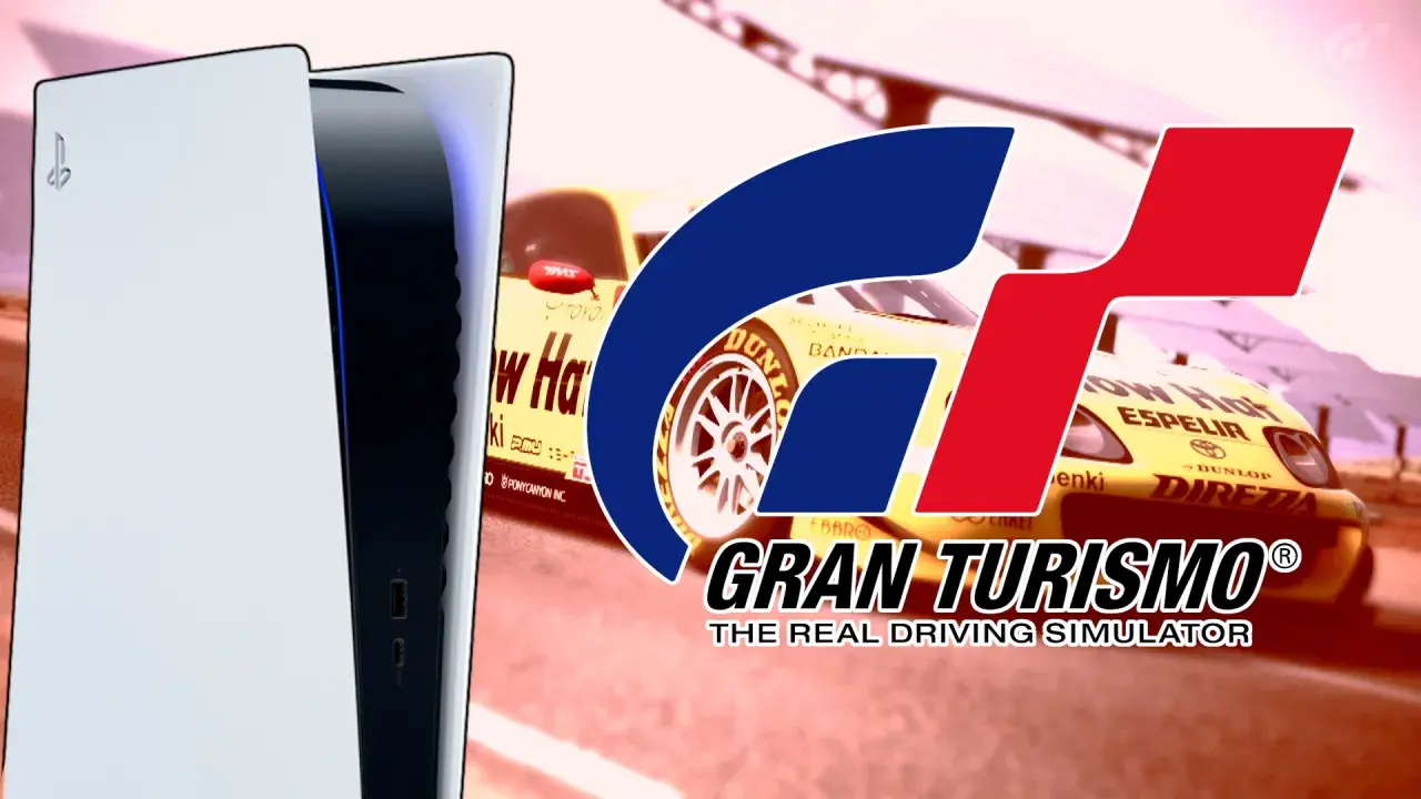 Consola PS5 junto a un coche de carreras amarillo con el logo de Gran Turismo 8.