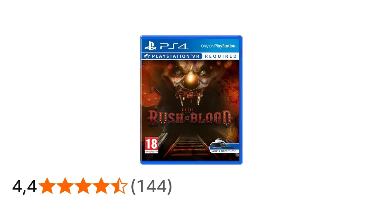 Caja del juego "Until Dawn: Rush of Blood" para PS4, uno de los mejores juegos VR PS4. Terrorífico payaso y vías de tren.