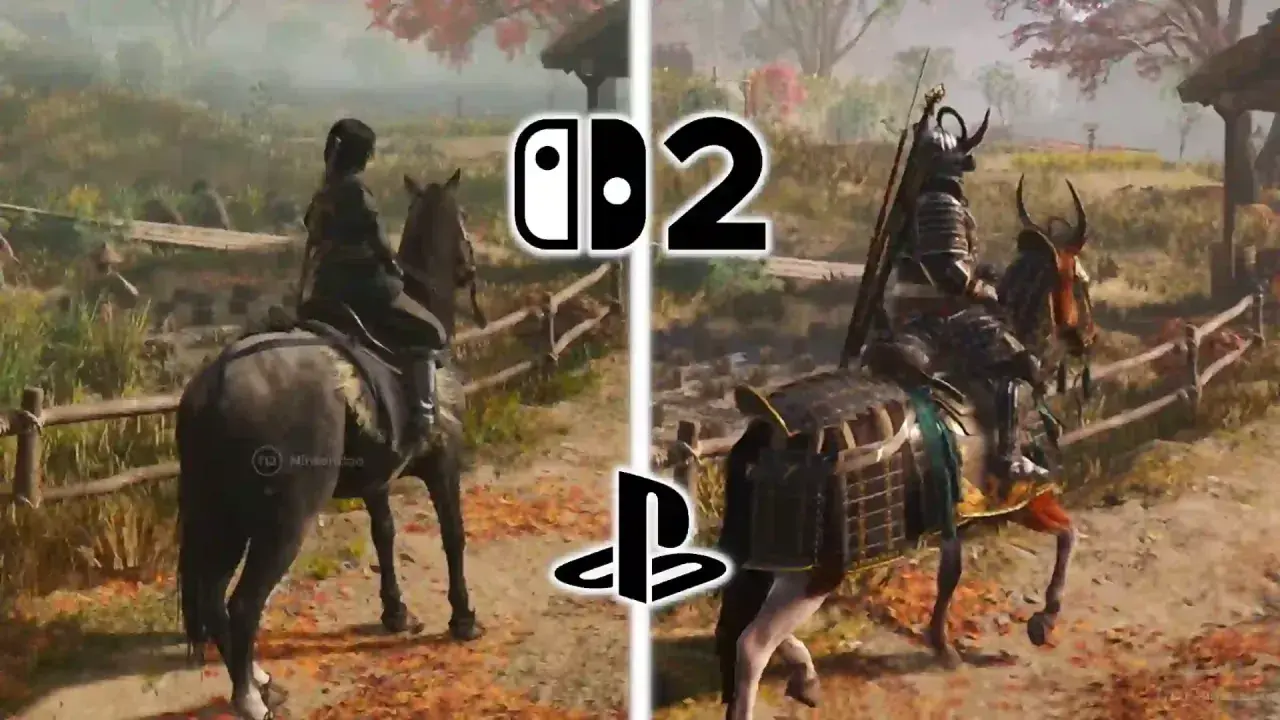Dos escenas de Assassin's Creed Shadows PS5: un personaje a caballo en un entorno rural, comparando gráficos.