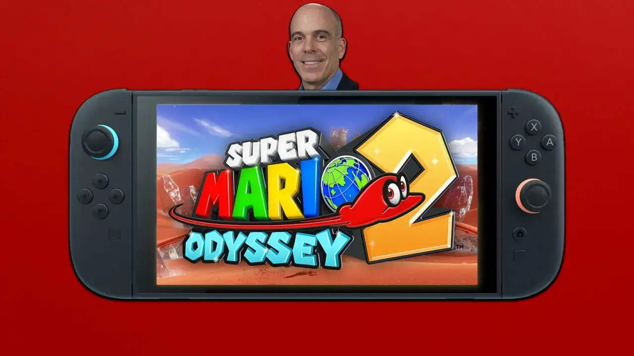 Un hombre sonríe sobre una Nintendo Switch que muestra el logo de Super Mario Odyssey 2, con Cappy y un planeta Tierra.