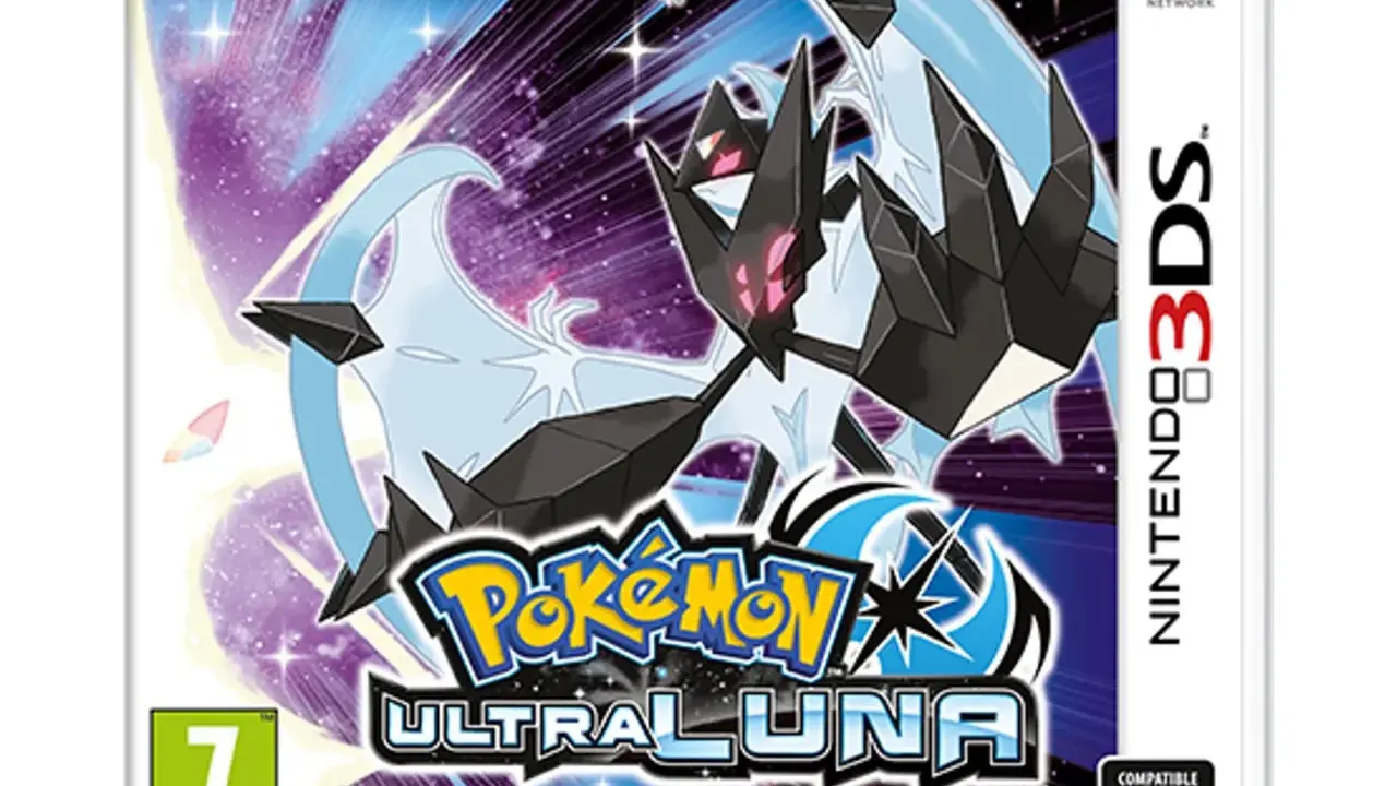 Caja del juego Pokémon Ultraluna para Nintendo 3DS, con Necrozma y Lunala en un fondo estrellado. ¡Una aventura épica te espera!