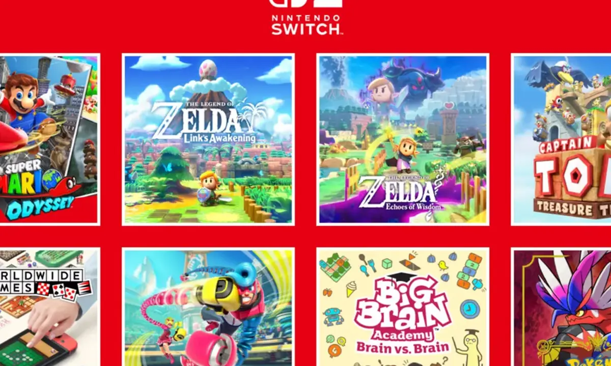 Selección de los mejores juegos Nintendo Switch: Super Mario Odyssey, Zelda, Captain Toad, ARMS, Big Brain Academy y Pokémon Scarlet.
