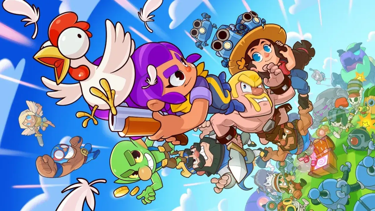 Un grupo diverso de personajes de Squad Busters, incluyendo una gallina, luchan en el aire contra un fondo azul con nubes.
