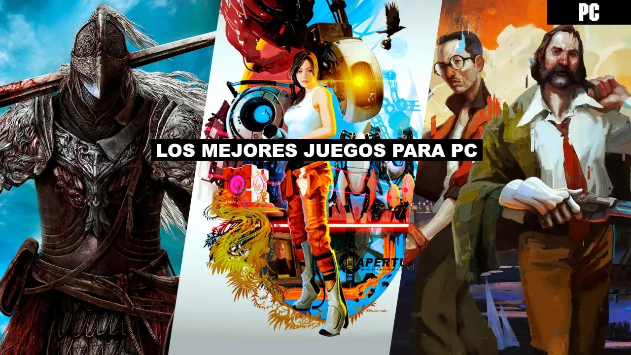 Un guerrero con armadura, Chell de Portal y dos hombres con trajes, todos parte de los mejores juegos para PC.