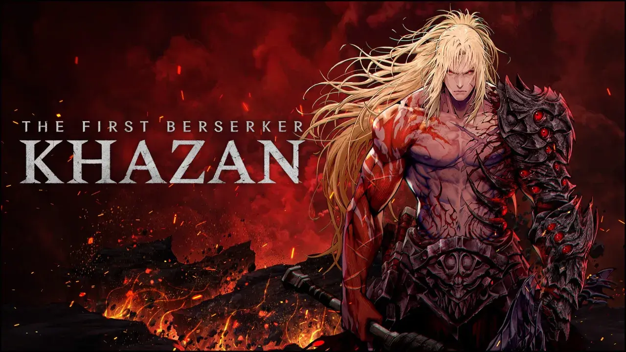 Khazan, el primer berserker, con su armadura demoníaca y cuerpo marcado por la batalla, emerge de un paisaje infernal.