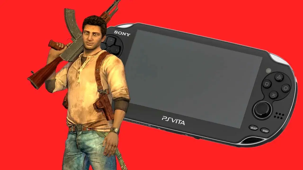 Nathan Drake con su rifle y una PS Vita, ideal para los mejores juegos PS Vita.