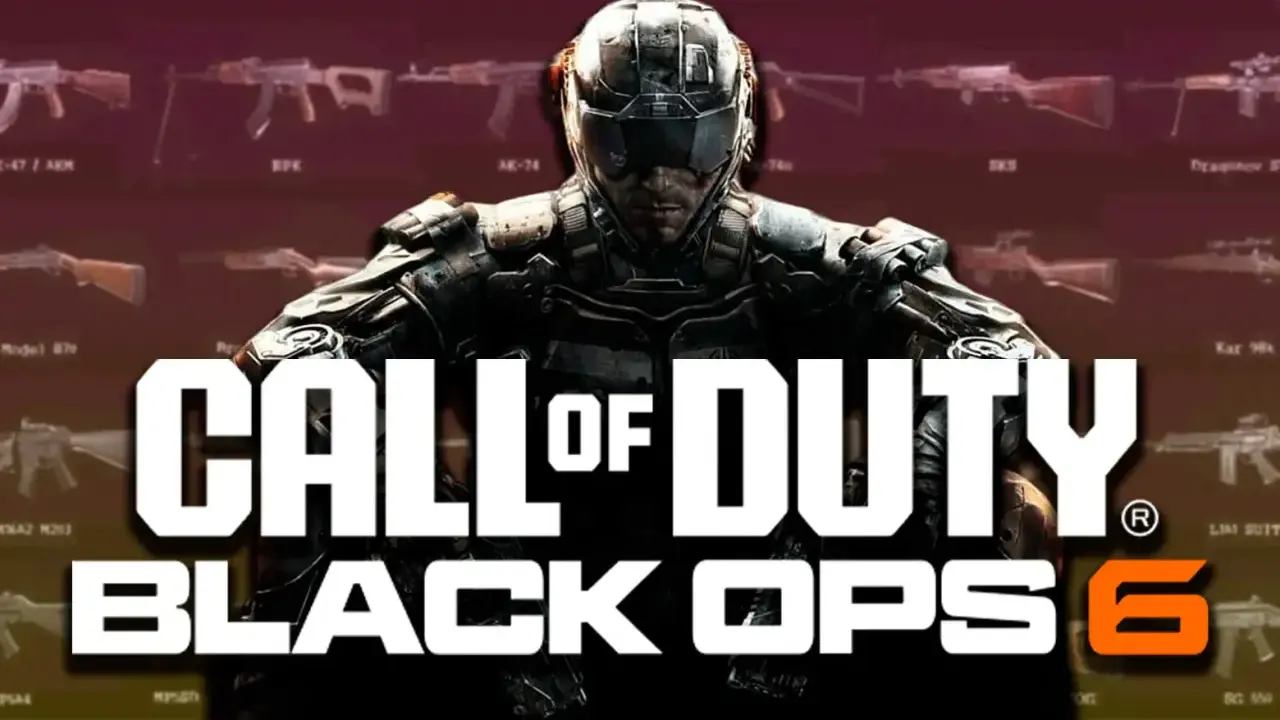 Soldado futurista con armadura y casco, rodeado de armas. El logo "CALL OF DUTY BLACK OPS 6" domina la imagen.