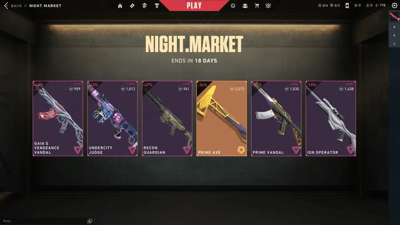 Ofertas exclusivas en el mercado nocturno de Valorant: skins de armas como Gaia's Vengeance Vandal, Prime Axe y Ion Operator.