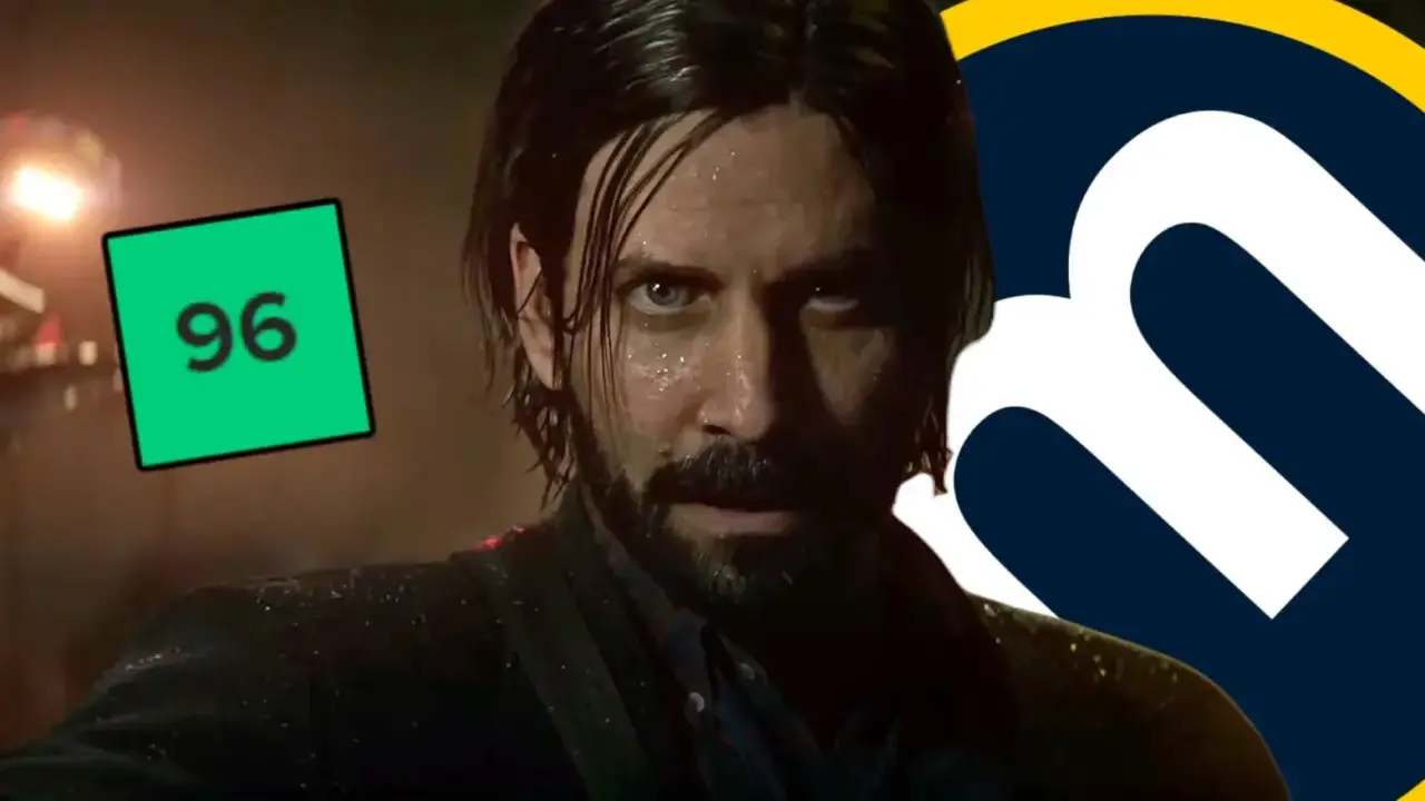 Alan Wake 2 análisis: el personaje principal con una puntuación de 96 en un recuadro verde y un logo de "m" al lado.