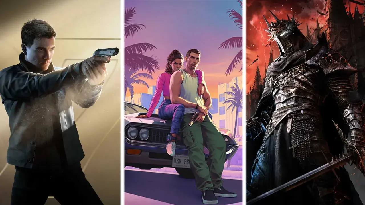 Un hombre con pistola, una pareja en un coche retro y un caballero oscuro. ¡Los próximos lanzamientos de videojuegos prometen acción y fantasía!