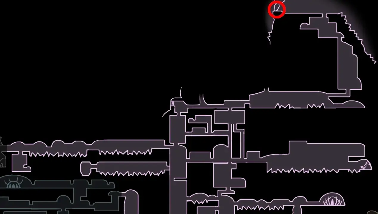 Mapa de Hollow Knight con un círculo rojo marcando la ubicación de un mineral pálido.