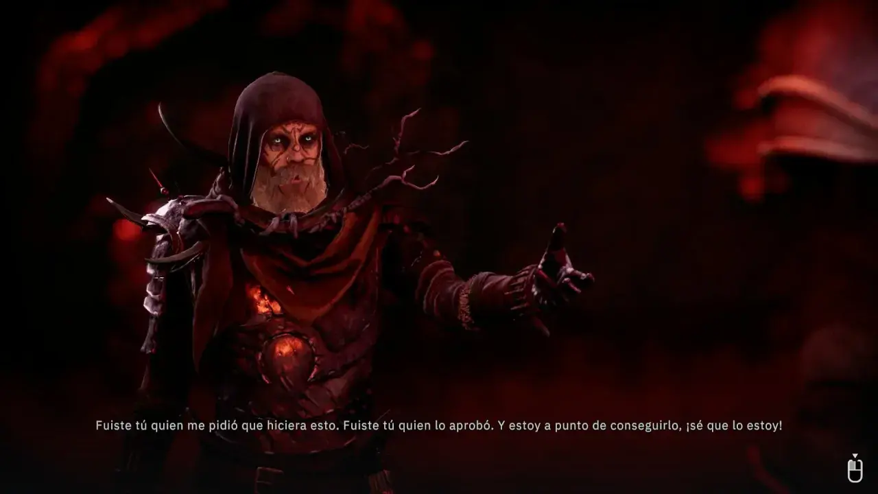 Un hechicero con túnica roja y ojos brillantes, en Tainted Grail: The Fall of Avalon, habla con un gesto amenazante.