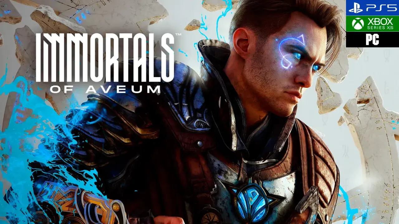 El protagonista de Immortals of Aveum, con ojos azules brillantes y armadura, se prepara para la batalla.
