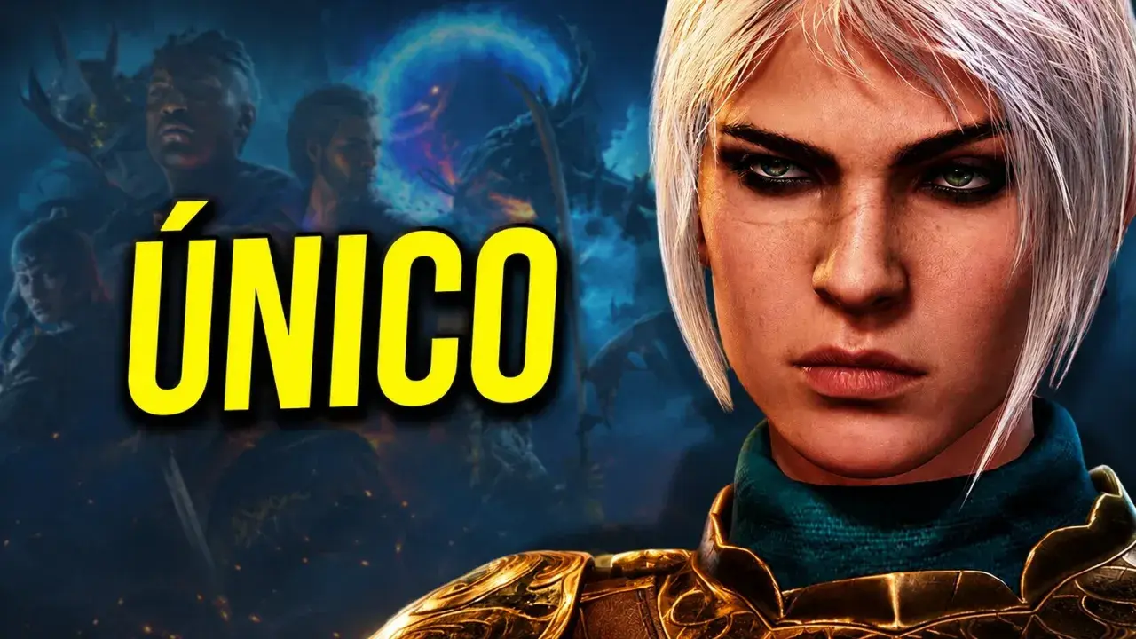 Primer plano de una mujer con cabello rubio platino y armadura dorada, con el texto "ÚNICO" y personajes de Baldur's Gate III al fondo.