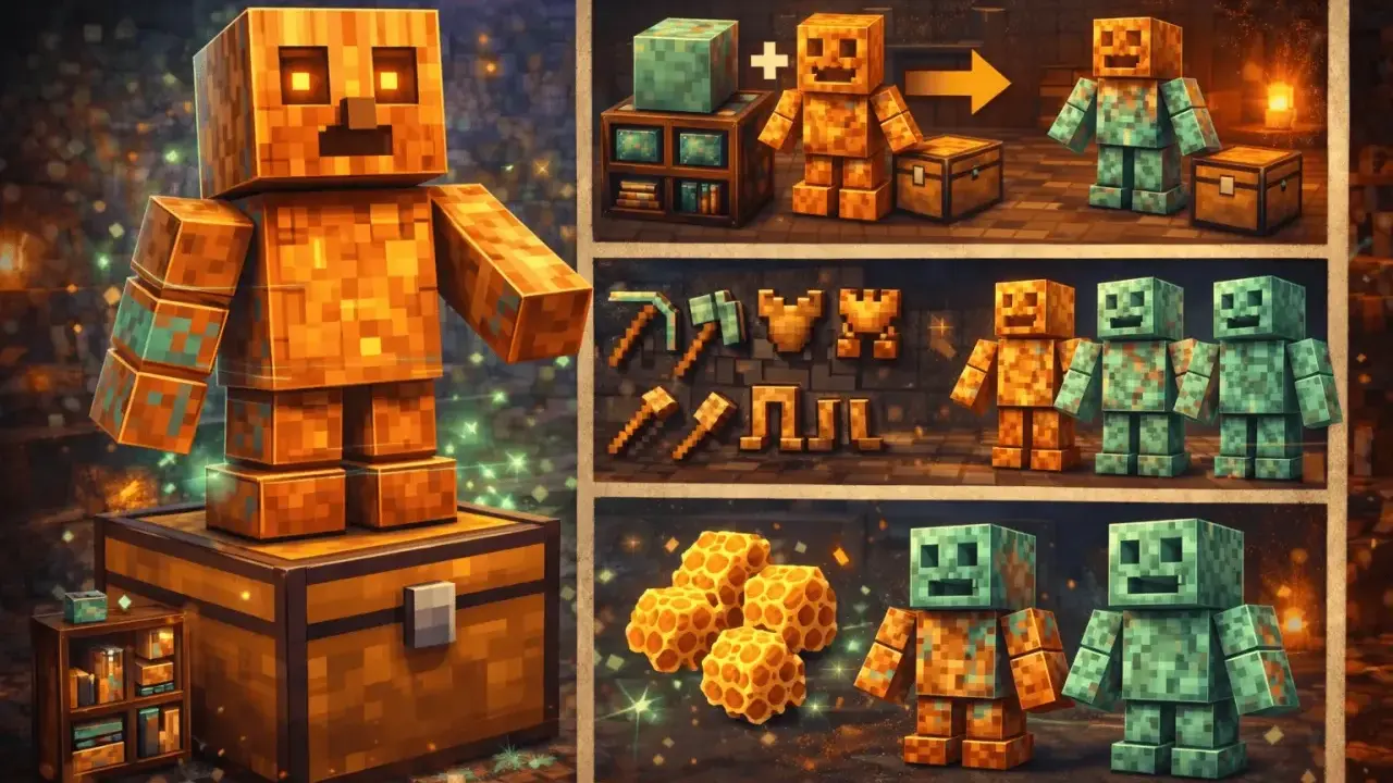 Un golem de cobre, con ojos brillantes, se alza sobre un cofre. En paneles adyacentes, se muestra su creación, herramientas y su evolución a un golem oxidado.