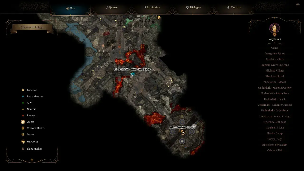 Mapa del juego Baldur's Gate 3, mostrando la zona de la Forja Adamantina en el Underdark.