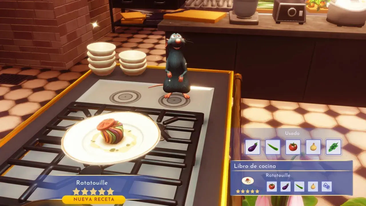 Remy prepara ratatouille en Dreamlight Valley. El libro de cocina muestra los ingredientes para esta y otras recetas.