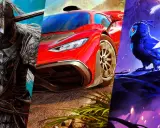Montaje de tres juegos de Xbox: guerrero con armadura, coche deportivo rojo y personajes de Ori.