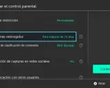 Configuración de control parental en Nintendo Switch. Se muestra la opción "Programas restringidos" con la selección "Para mayores de 12 años".