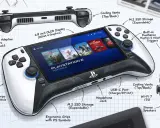 Concepto de **PlayStation 6** portátil con pantalla OLED, gatillos adaptativos y almacenamiento M.2 expandible.