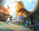 Cazadores luchan contra un dragón en la ciudad, una escena épica de Monster Hunter Online.