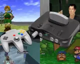 Collage de la Nintendo 64 con Link, Mario, un personaje de GoldenEye y el mando. Recuerdos de los mejores juegos Nintendo 64.
