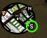 Mini-map de GTA San Andreas con un icono de pizza y la letra "S" rodeada de verde. ¡Listo para nuevas misiones!