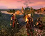 Elfos y Geralt junto a una hoguera, anticipando el **the witcher remake**. Atardecer en un paisaje idílico.