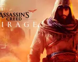Un asesino con capucha en Assassin's Creed Mirage, con el título del juego y los logos de las plataformas.