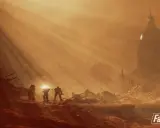 Figuras con armadura caminan por un paisaje desolado y polvoriento, con un edificio en forma de cúpula al fondo. Un recordatorio visual de los **Fallout 76 requisitos** para adentrarse en este mundo.