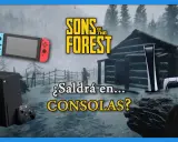 ¿Sons of the Forest llegará a consolas? Imagen muestra el logo del juego, una cabaña nevada, y consolas como PS5, Xbox Series X y Nintendo Switch.
