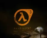 El logo de Half-Life 3, con el símbolo lambda naranja y el número 3, sobre un fondo oscuro. Una criatura yace en el suelo.
