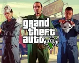 Los tres protagonistas de GTA 5, listos para el lanzamiento del juego, con máscaras y armas.