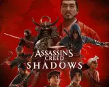 El arte promocional de **Assassin's Creed Shadows** muestra un grupo de samuráis y ninjas en un fondo rojo intenso, listos para la acción.