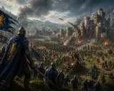 Un ejército masivo asedia un castillo en llamas. Caballeros con armadura y estandartes azules luchan en una escena épica, digna de los mejores juegos de guerra.