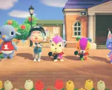 Personaje de Animal Crossing con sus mejores vecinos: un cordero, dos monos y un oso, todos listos para entrenar.