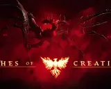 Un demonio alado con ojos rojos y una horda de criaturas sombrías acechan en la oscuridad, bajo el título "Ashes of Creation".