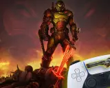 El Doom Slayer, listo para la acción, junto a un mando de PS5. ¡La experiencia definitiva de los mejores shooters PS5!