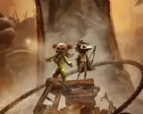 Dos niños, uno con traje verde y otro con arco, se enfrentan a un gigante en Little Nightmares 3.