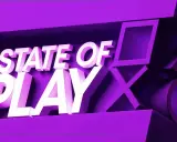 El logo "State of Play" en blanco sobre un fondo morado, con los símbolos de PlayStation.