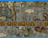 Mapa de Elden Ring con la pregunta "¿En qué orden completar las zonas?". Muestra Limgrave, Liurnia y Caelid.