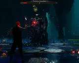 Un mago se enfrenta a un guardián en la prueba de Percival Rackham. El guardián tiene un orbe brillante en el pecho.