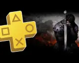El logo de PS Plus de abril junto a un guerrero medieval con su espada.