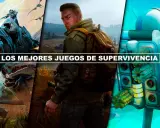 Montaje de imágenes de juegos de supervivencia para PS4: un guerrero en un dinosaurio mecánico, un hombre con mochila y arma, y un astronauta en un planeta alienígena.