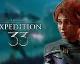 Una joven con cabello rojo y ojos azules, con el logo "Clair Obscur Expedition 33" al fondo.