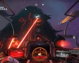 Cabina de nave en combate en No Man's Sky. Rayos láser rojos iluminan una nave pirata.
