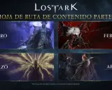 Lost Ark noticias: hoja de ruta de contenido parte 1 con imágenes de enero, febrero, marzo y abril, mostrando personajes y criaturas del juego.
