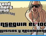 Gta San Andreas guía: mujer con gafas de sol y texto sobre cómo conseguir el 100% y sus recompensas.