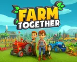 Dos niños y un perro posan frente a un tractor rojo y un azul en un campo de cultivo. El logo de "Farm Together" se cierne sobre la escena, invitando a jugar este juego de granja en Switch.